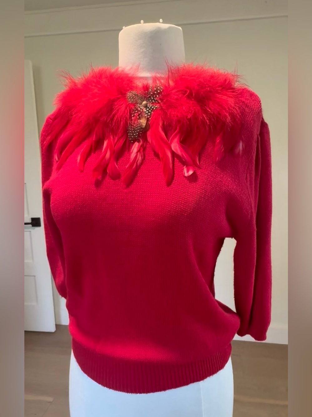 Vintage Victoria Jones Petites Red Feather Trim Sweater PM Soft Acrylic Sexy Top